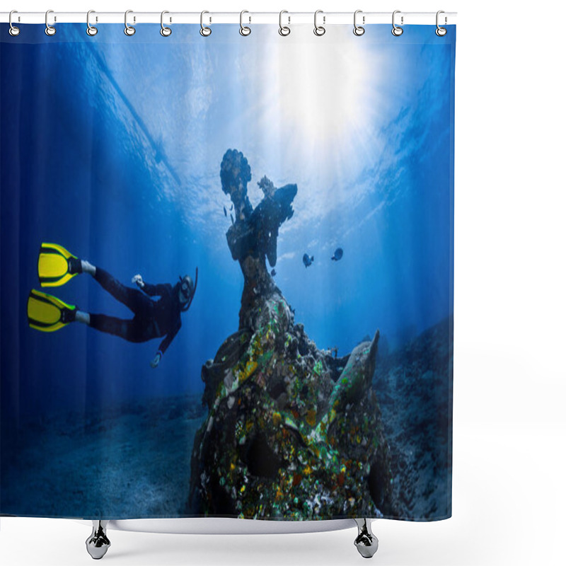 Personality  Free Diver Exploring The Underwater Statue In A Tropical Sea Shower Curtains