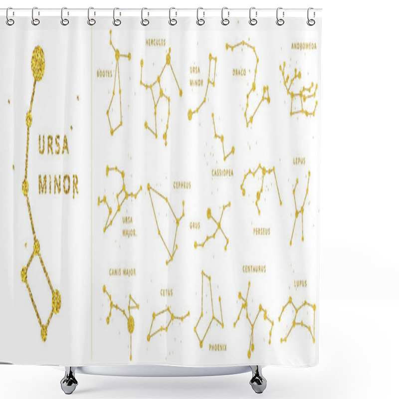 Personality  Vector Golden And Glitter Sparkle Celestial Constellations With Names, Golden Lines And Dots As A Star. Shiny South And North Hemisphere General Constellation Set. Shower Curtains