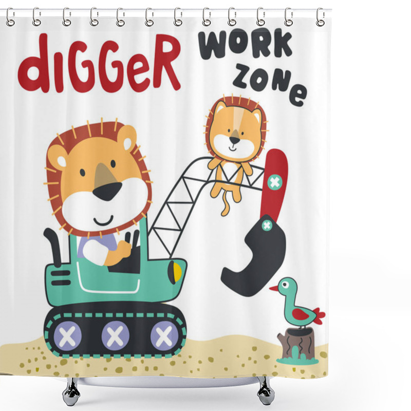 Personality  Cute Little Lion On A Blue Excavator. Can Be Used For T-shirt Print, Kids Wear Fashion Design, Print For T-shirts, Baby Clothes, Poster. And Other Decoration. Shower Curtains