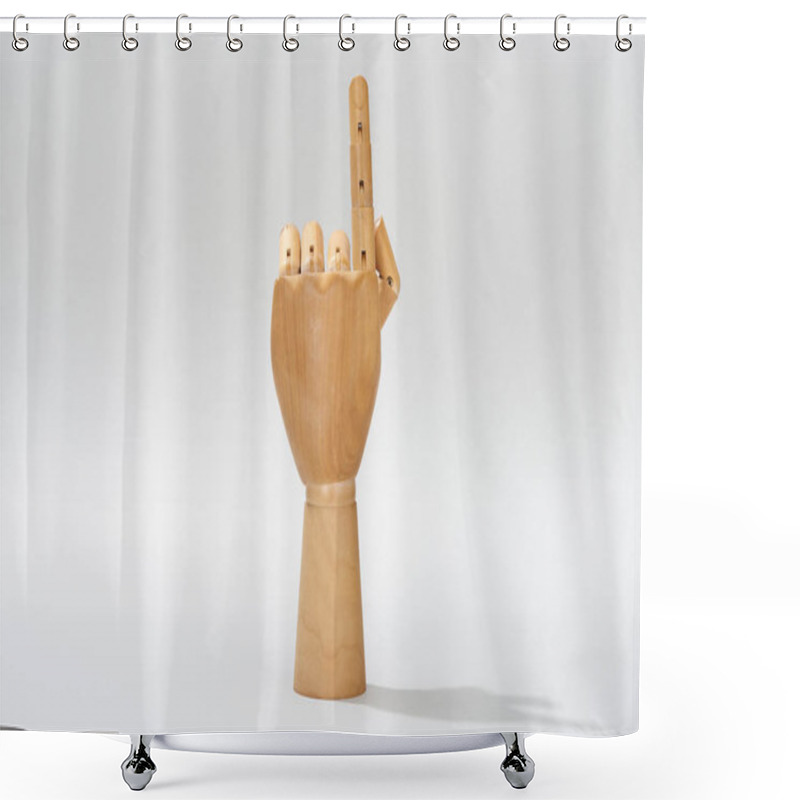 Personality  Wooden Hand Of Puppet Pointing With Finger On Grey Background  Shower Curtains