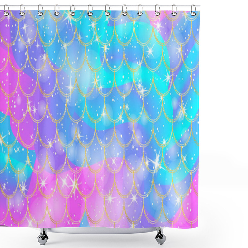 Personality  Holographic Rainbow Background. Gold Scales. Mermaid Print. Vector Shower Curtains