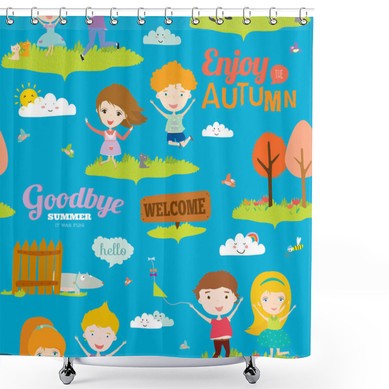 Personality  Bright Background With Funny Animals And Happy Kids Who Jump And Smile. Goodbye Summer. Hello Autumn. Shower Curtains