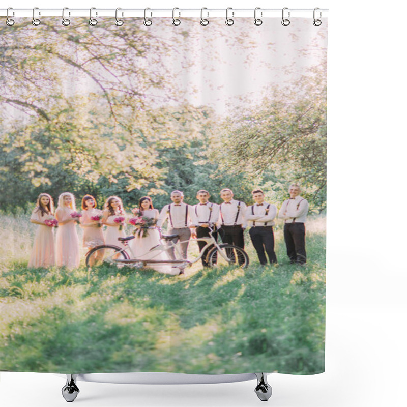 Personality  The Group Photo Of The Groom And His Best Men, The Bride With The Bridemaids Behing The White Bicycle At The Background Of The Sunny Green Forest. Shower Curtains