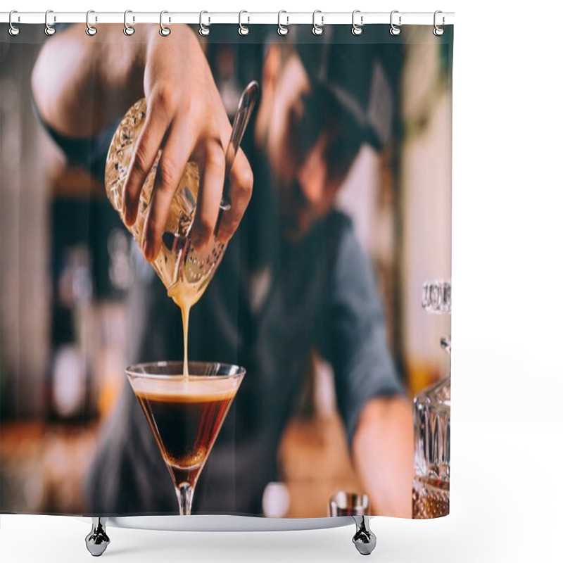 Personality  Close Up Of Barman Hand Pouring Alcoholic Cocktail In Martini Glass Shower Curtains