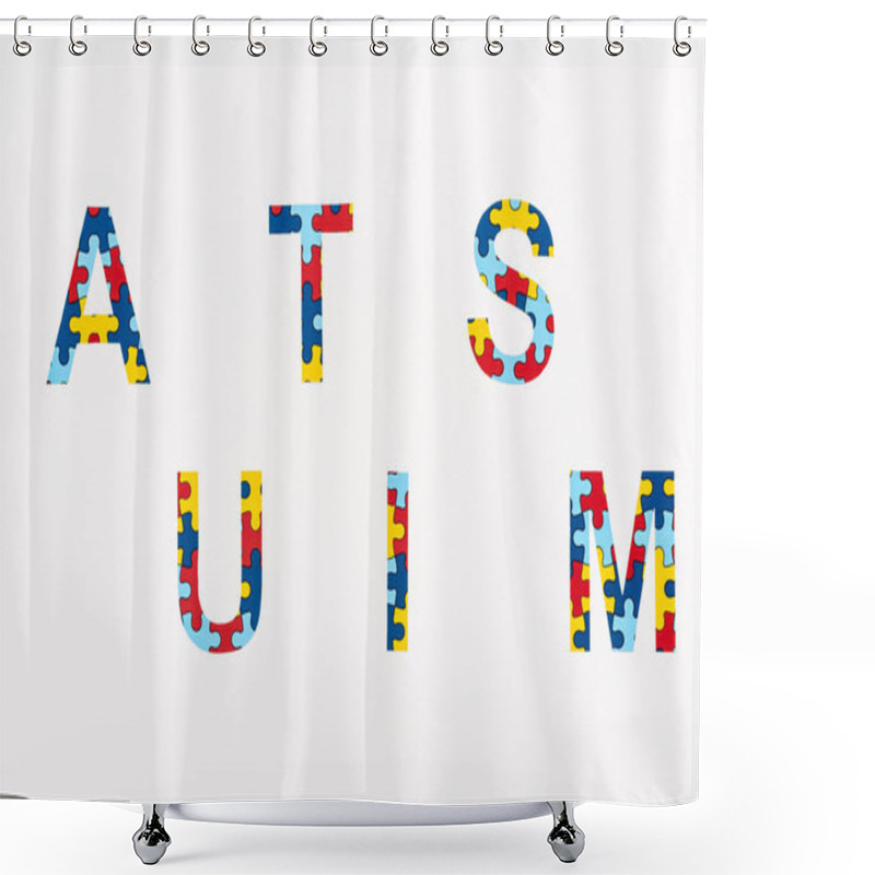 Personality  Top View Of Autism Puzzle Inscription Isolated On White  Shower Curtains