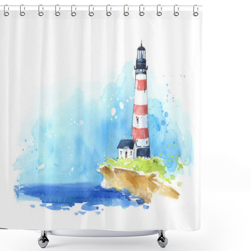 Personality  Watercolour Sketch Of A Lighthouse At The Seaside, Seascape Shower Curtains