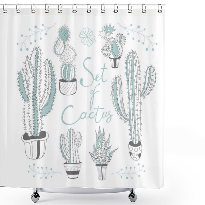 Personality  Set Of Cactus In A Pots. Cute Hand Drawn Vector Cactus In The Po Shower Curtains