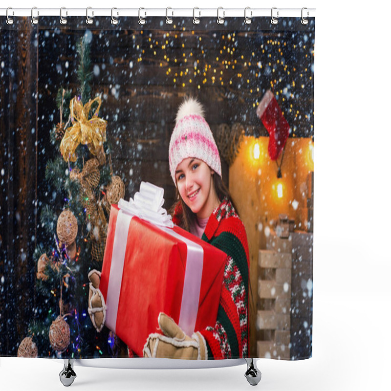 Personality  Happy Little Girl With A Christmas Present On Wooden Background. Child Happiness Celebrate New Year. Daughter Hold Parent From Parent. Christmas Story Concept. Shower Curtains