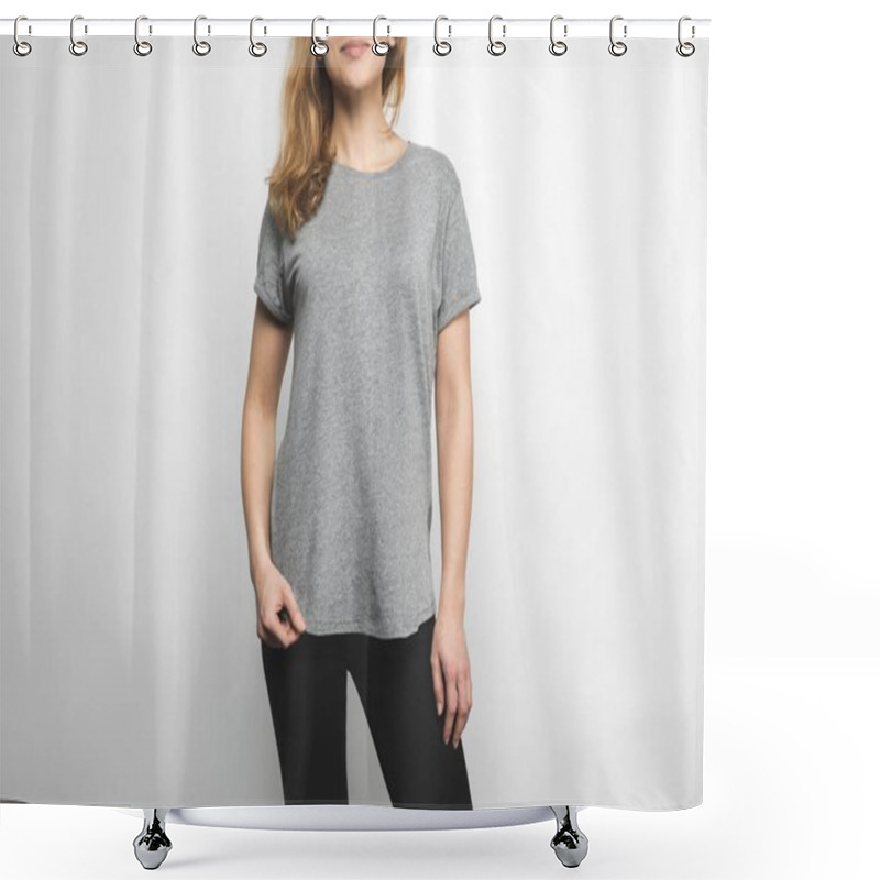 Personality  Cropped Shot Of Attractive Young Woman In Blank Grey T-shirt Isolated On White Shower Curtains