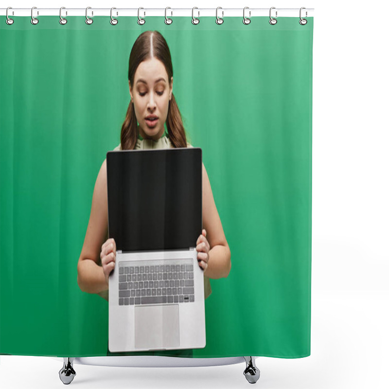 Personality  A Young Woman In Her 20s Holds A Laptop In Front Of Her Face, Concealing Her Identity In A Studio Setting. Shower Curtains