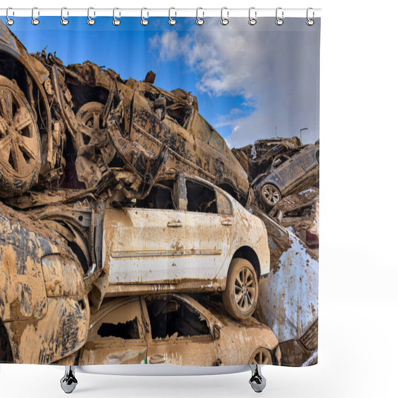 Personality  CATARROJA, VALENCIA SPAIN - DECEMBER 4 2024: After The Dana Floods In Valencia Province On October 29th 2024 Left Massive Wrecked Cars, Impacting Countless Families, Claiming Over 200 Human Lives. Shower Curtains