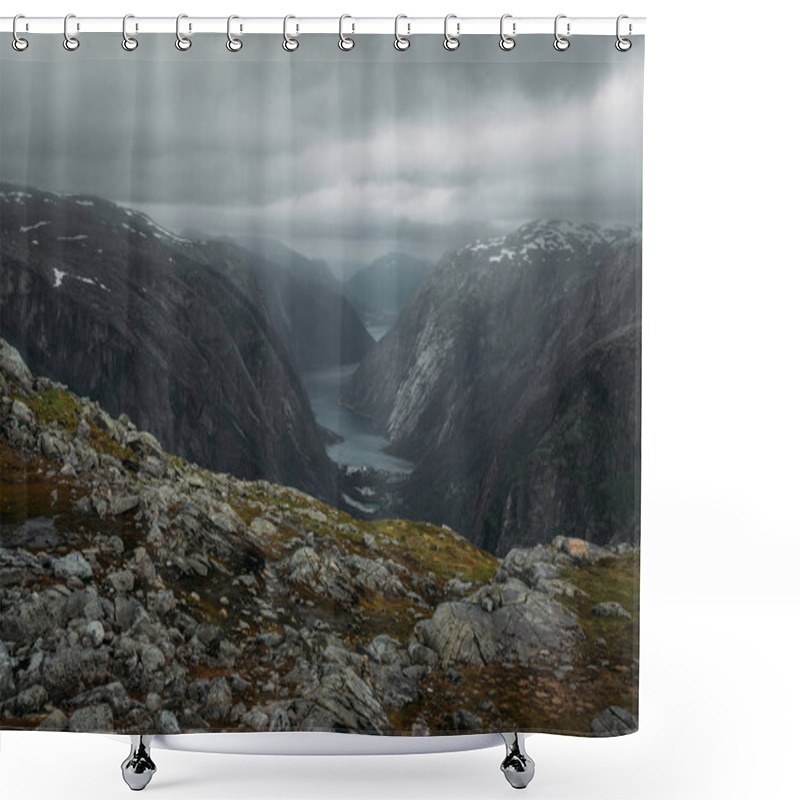 Personality  View Of Slope With Stones And Rocks And River On Foot  On Background, Norway, Hardangervidda National Park Shower Curtains