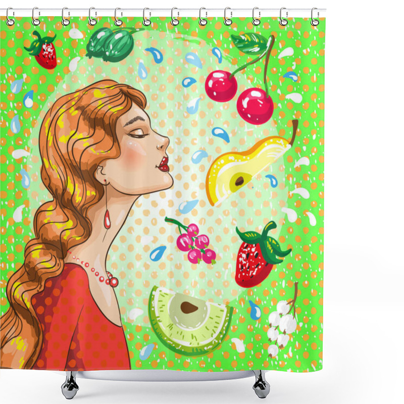 Personality  Vector Illustration Of Beautiful Girl With Fruits Shower Curtains