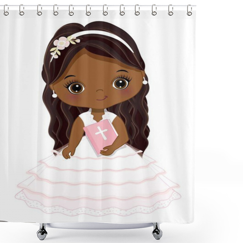 Personality  Little Black Girl Wearing Communion Lace White, Pink Dress And Floral Headband, Holding Holy Bible. Communion Afro Girl With Long Hair. Black Girl First Holy Communion Vector Illustration Shower Curtains