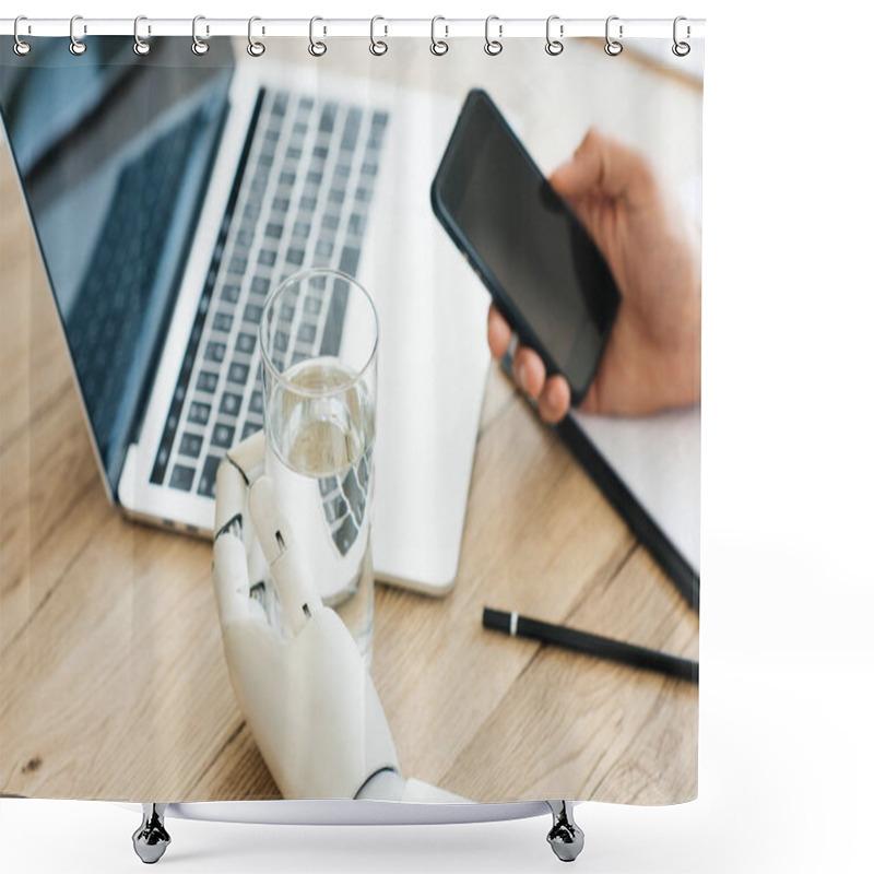 Personality  Close-up View Of Person Using Smartphone And Hand Of Robot Holding Glass Of Water Shower Curtains