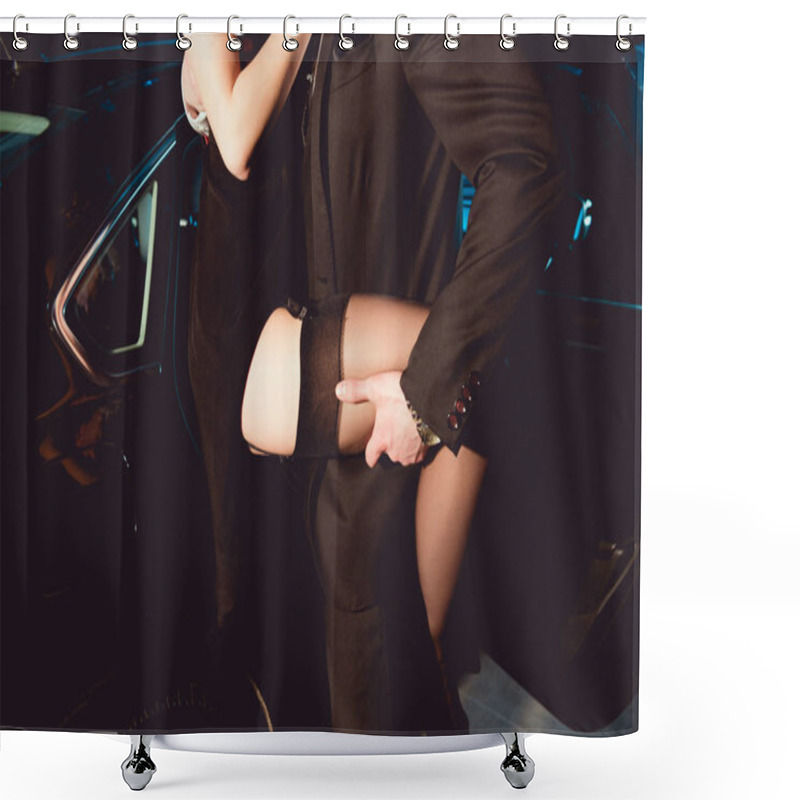 Personality  Cropped View Of Stylish Man Embracing Sexy Girl In Stockings Near Car Shower Curtains