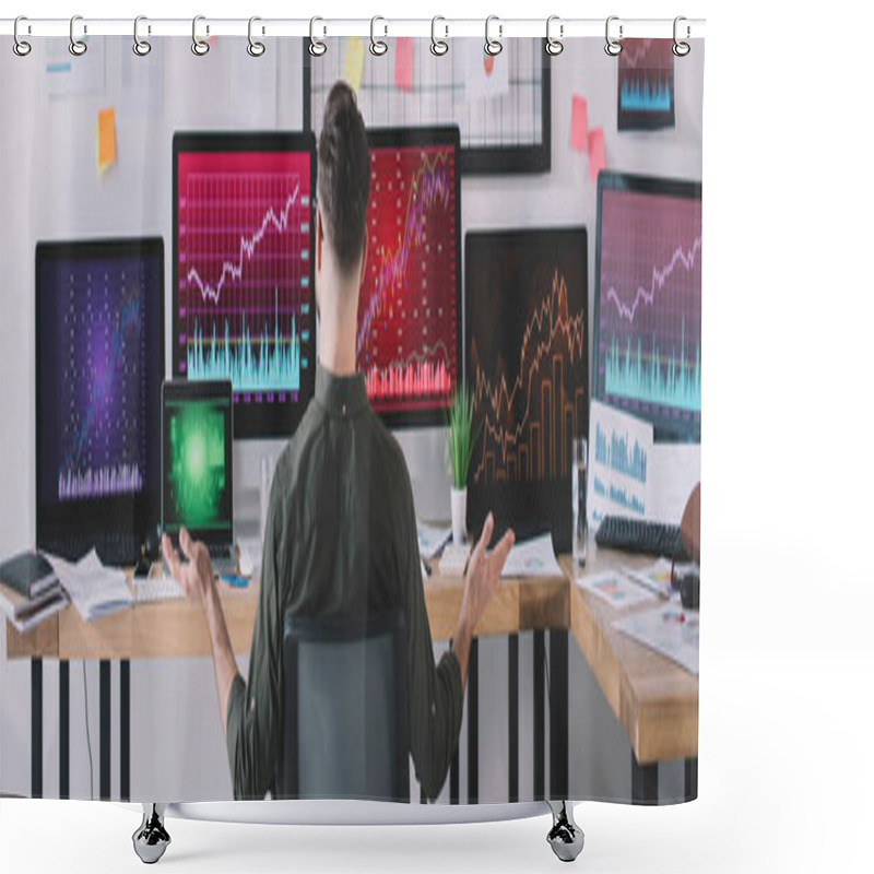 Personality  Back View Of Data Analysts Sitting At Table With Computers And Charts In Office, Panoramic Shot  Shower Curtains