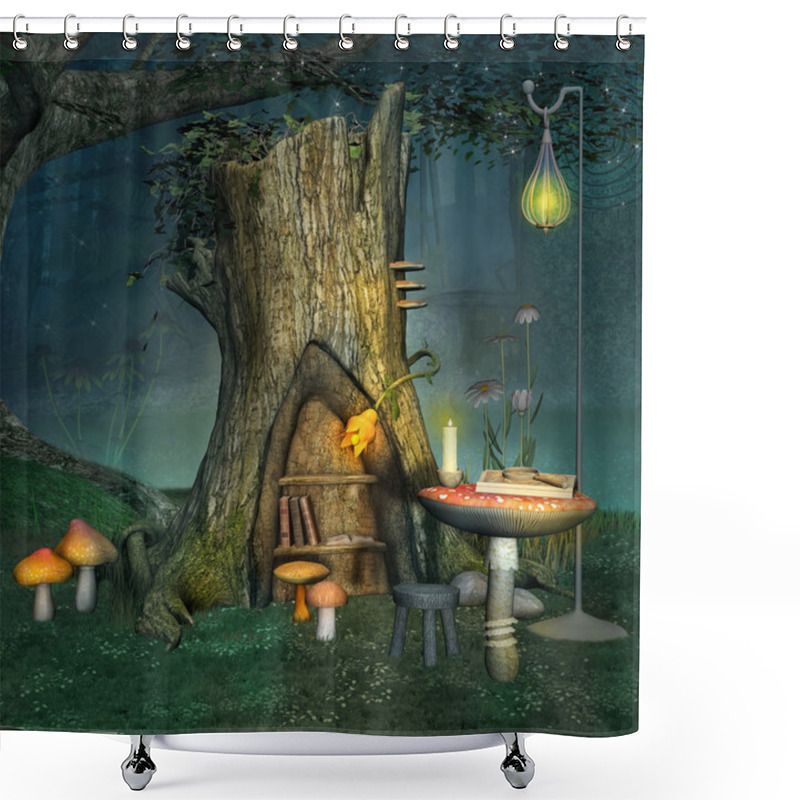 Personality  Enchanted Elf Place Near An Old Trunk With Lantern And Books - 3D Illustration Shower Curtains