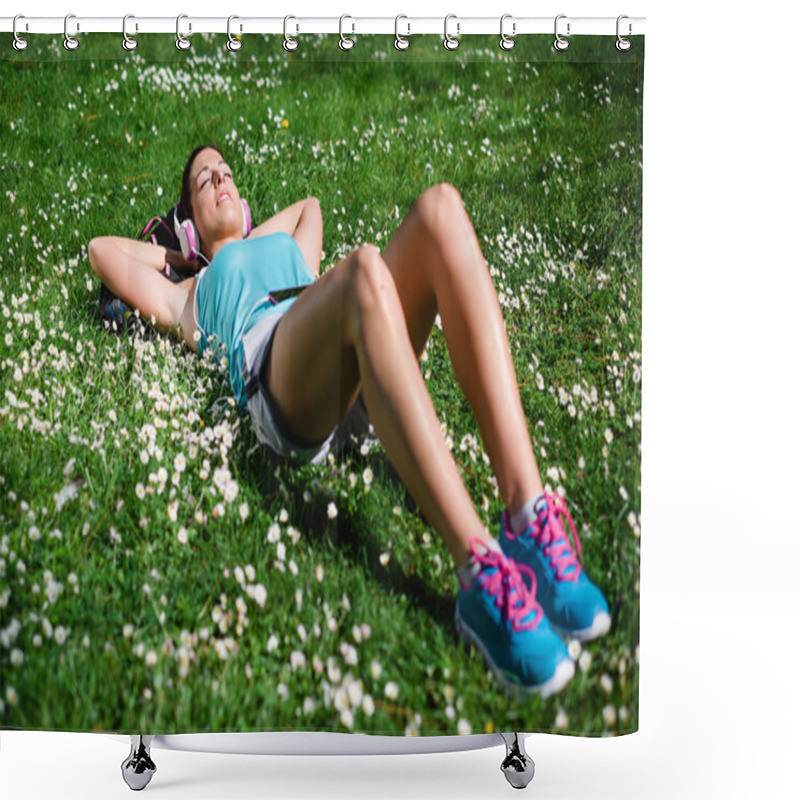 Personality  Relaxed Female Runner Resting And Relaxing Shower Curtains