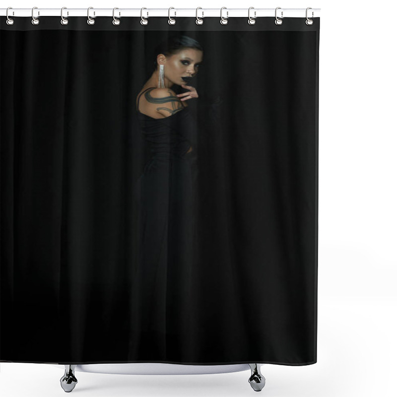 Personality  Mysterious Tattooed Woman With Dark Makeup And Shiny Earring Looking At Camera On Black Backdrop Shower Curtains