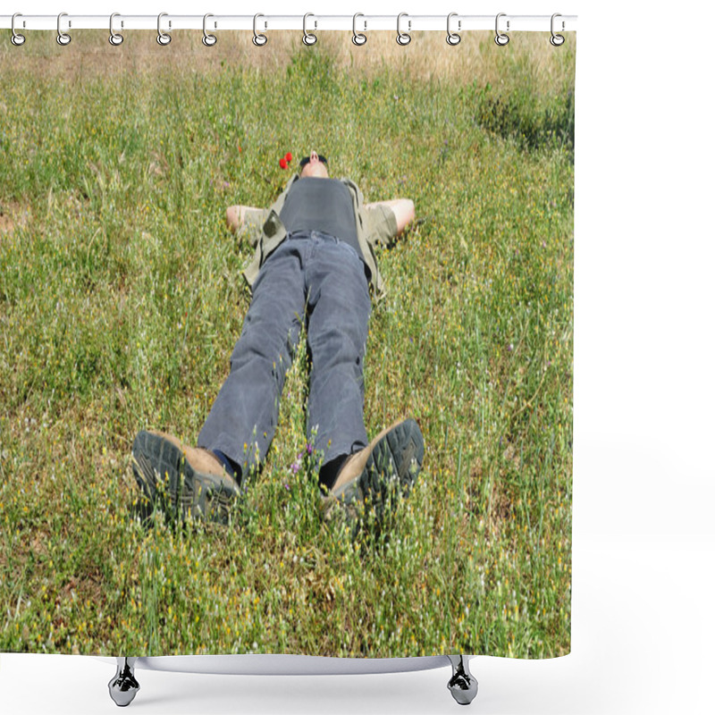 Personality  Man Lying On Grass Shower Curtains