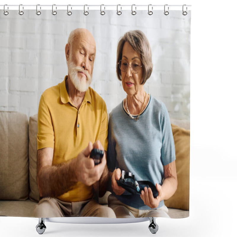 Personality  A Senior Couple Enjoys Quality Time, With The Wife Assisting Her Husband In Managing Diabetes. Shower Curtains