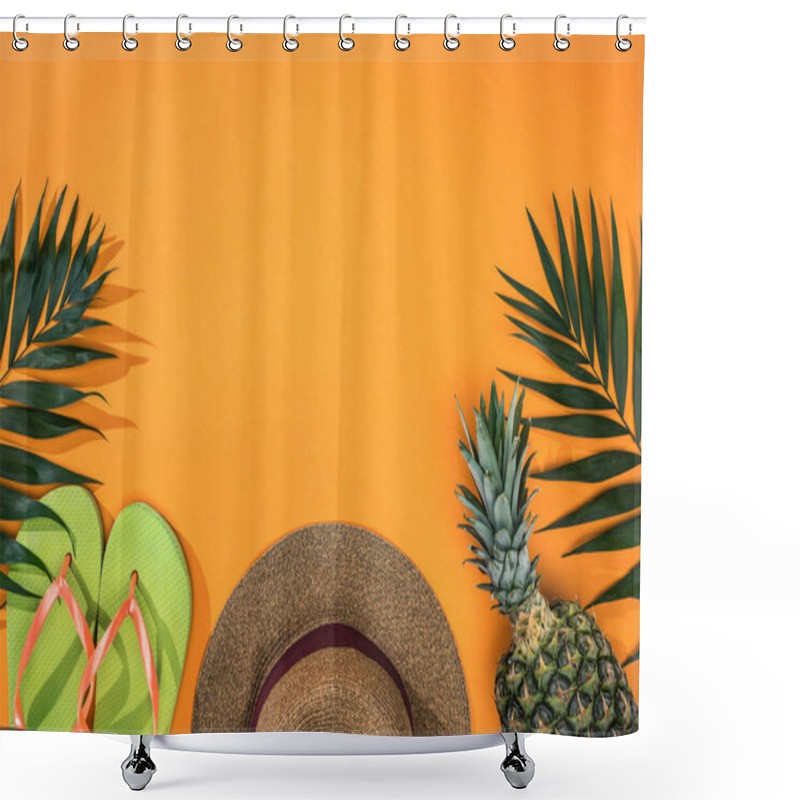 Personality  Top View Of Pineapple, Tropical Leaves, Green Flip Flops And Brown Straw Hat On Orange Background With Copy Space Shower Curtains