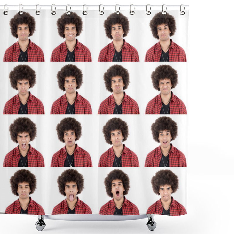 Personality  Young Curly Hair Adult Afro American Beautiful Man Wearing Casual Collection Set Of Face Expression Like Happy, Sad, Angry, Surprise, Yawn Isolated On White Shower Curtains