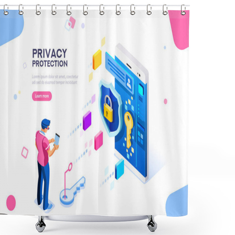 Personality  Infographic, Banner With Hero Protect Data And Confidentiality. Safety And Confidential Data Protection, Concept With Character Saving Code And Check Access. Flat Isometric Vector Illustration Shower Curtains