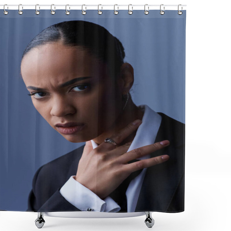 Personality  A Young African American Woman Exudes Confidence In A Suit And Tie, Striking A Pose For A Portrait. Shower Curtains