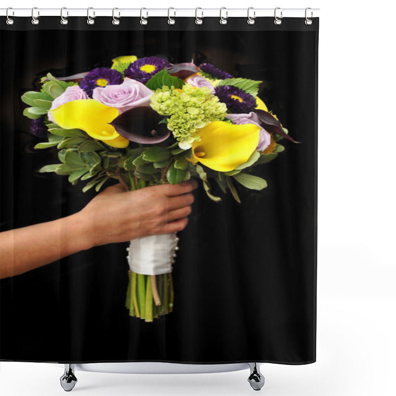 Personality  Holding Bridal Flowers With A Black Background Shower Curtains