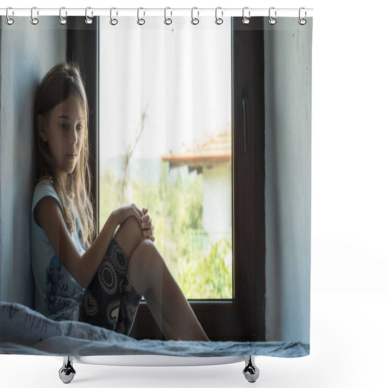 Personality  Vintage Portrait Of A Beautiful Little Girl With Bare Feet And Pensive Gaze Sitting Near A Window Inside A Room Shower Curtains