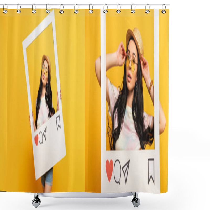 Personality  Collage Of Brunette Girl In Summer Outfit Posing Pouting Lips In Social Network Frame On Yellow Background, Panoramic Shot Shower Curtains