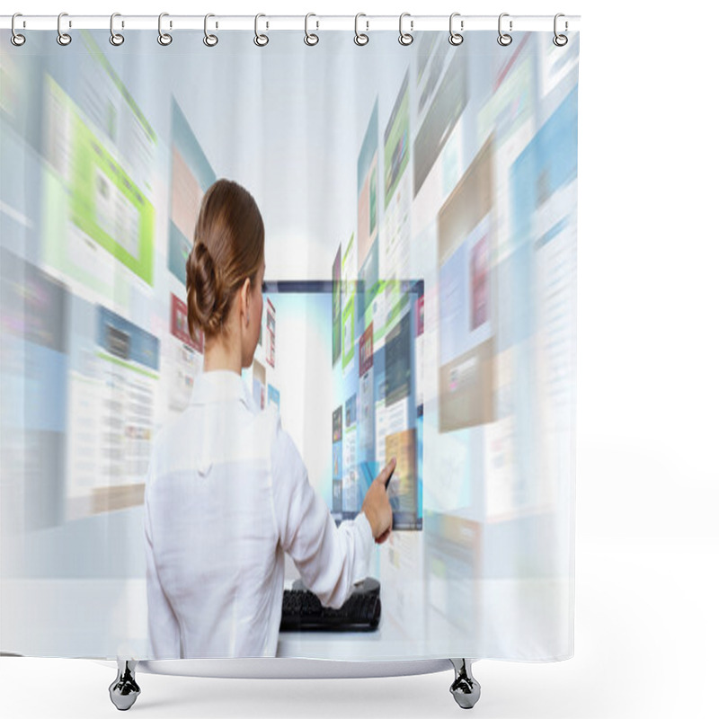 Personality  Businesswoman Working With Virtual Digital Screens Shower Curtains