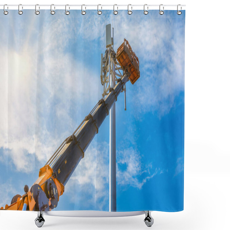 Personality  Crane With Telescopic Boom Lift Used As An Aerial Working Platform. Worker Install Cellular Base Station With Transmitters 3G, 4G, And Antennas On Cell Tower On Blue Sky Background. Shower Curtains