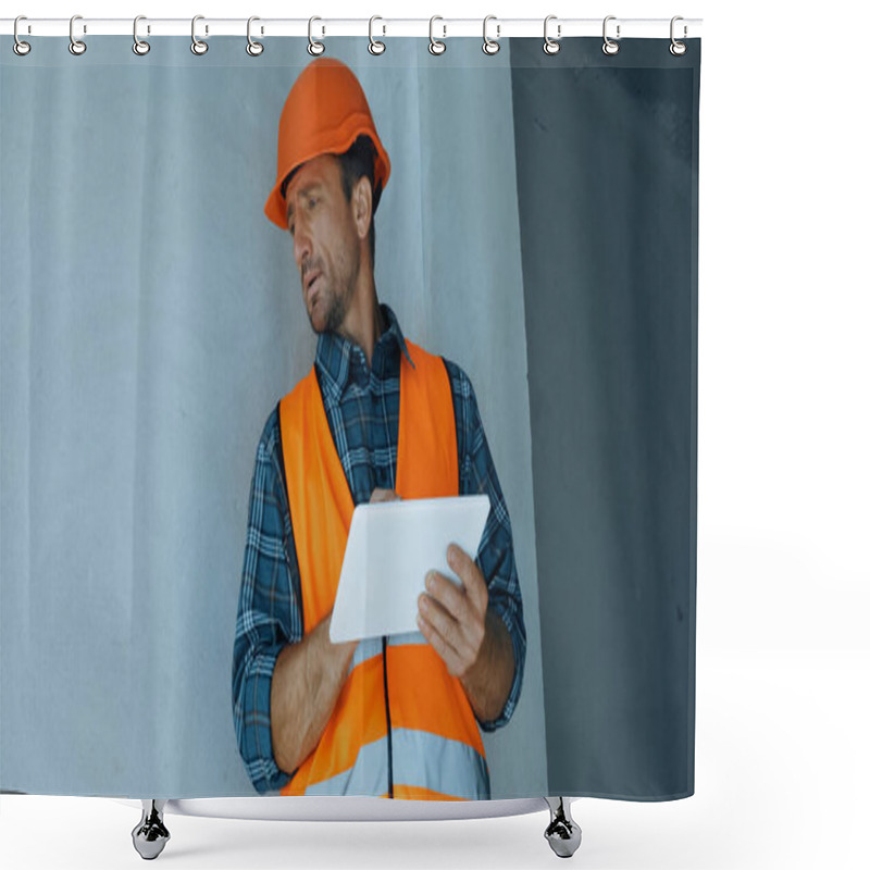 Personality  Builder In Safety Helmet Holding Digital Tablet On Construction Site Shower Curtains