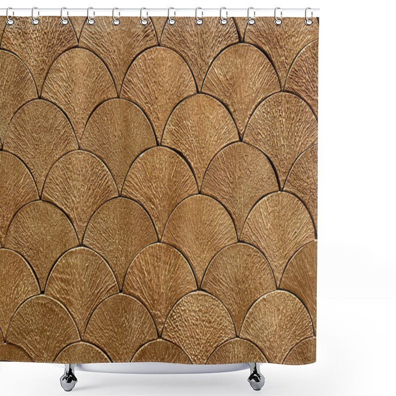 Personality  Texture Of Japanese Fish Scales Or Chinese Fish Skin Wave And Curve Pattern. Asian Curved Fan And Fish Scales Pattern, In Golden Brown Color. Seamless Background Texture. Shower Curtains