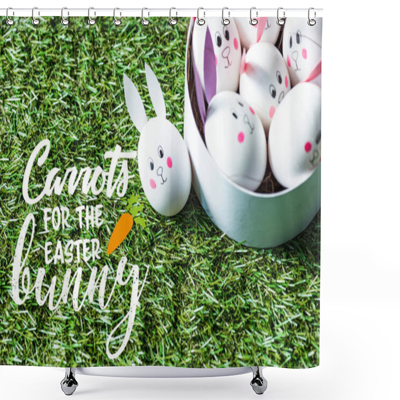 Personality  Chicken Eggs With Funny Bunny Faces And Paper Ears In Bowl On Green Grass Background With Carrots For Easter Bunny Lettering Shower Curtains