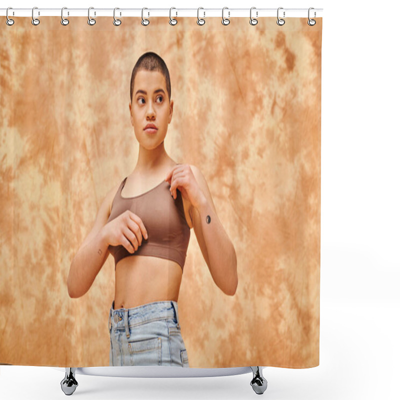 Personality  Body Positivity Movement, Curvy Young Woman With Tattoos Posing In Jeans And Crop Top On Mottled Beige Background, Representation Of Body, Confidence, Casual Attire, Generation Z, Looking Away Shower Curtains