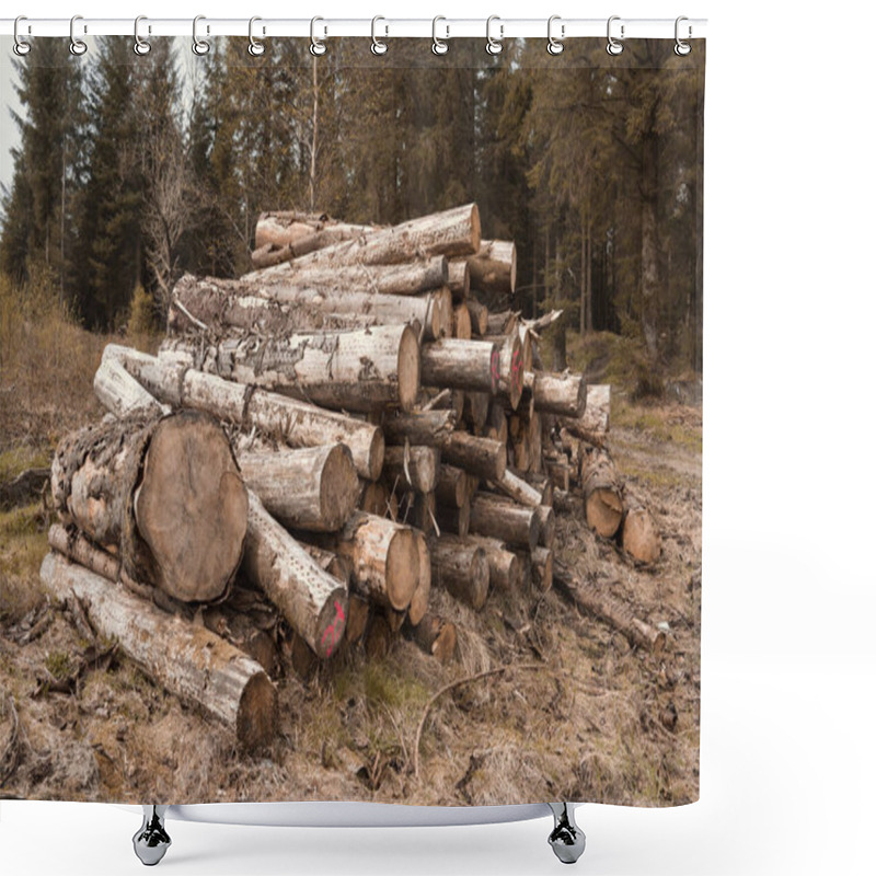 Personality  A Stock Pile Of Timber, Chopped Down Trees To Make Clear For Farming Crops. De-forestation And Devastation Of Woodland And Countryside. Shower Curtains