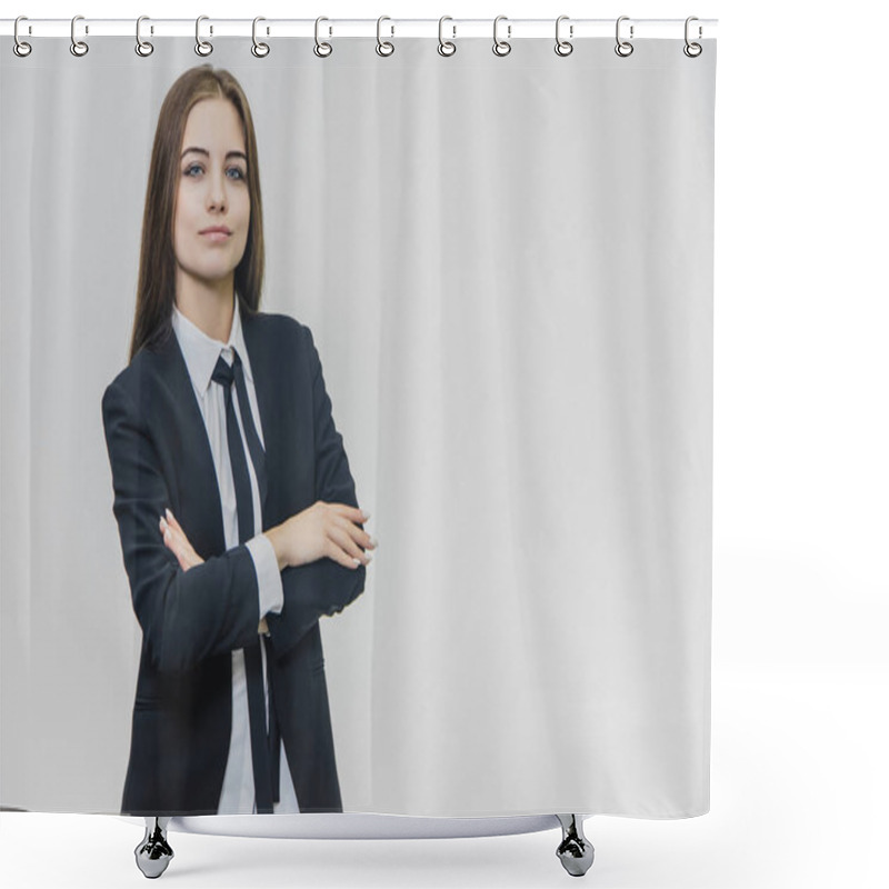 Personality  Charming Confident Businesswoman Is Standing On The White Background. Attractive Female, Professional Model Is Isolated. She Is Smiling A Little Bit, Crossing Her Well-groomed Hands. She Is Standing Shower Curtains