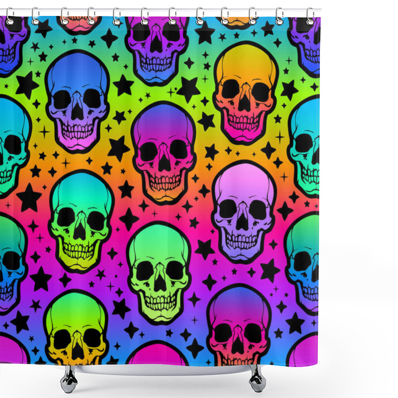 Personality  Seamless Illustration Of Neon Bright Human Skulls And Stars Shower Curtains