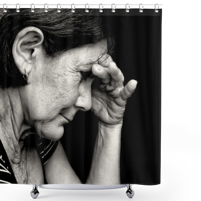 Personality  Black And White Portrait Of A Very Sad Old Woman Shower Curtains