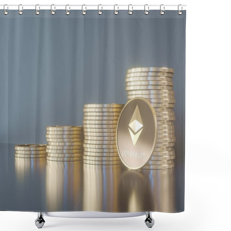 Personality  Glossy Ethereum In Blurred Closeup. Crypto-currency Finance And Banking As 3D Illustration Concept. Shower Curtains