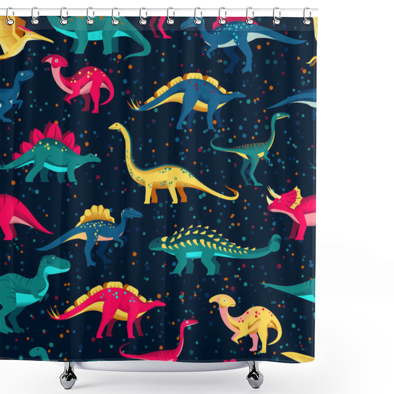 Personality  Colorful Cute Dinosaurs On Black Background. Vector Seamless Pattern. Fun Textile Cartoon Kids Print Design. Shower Curtains