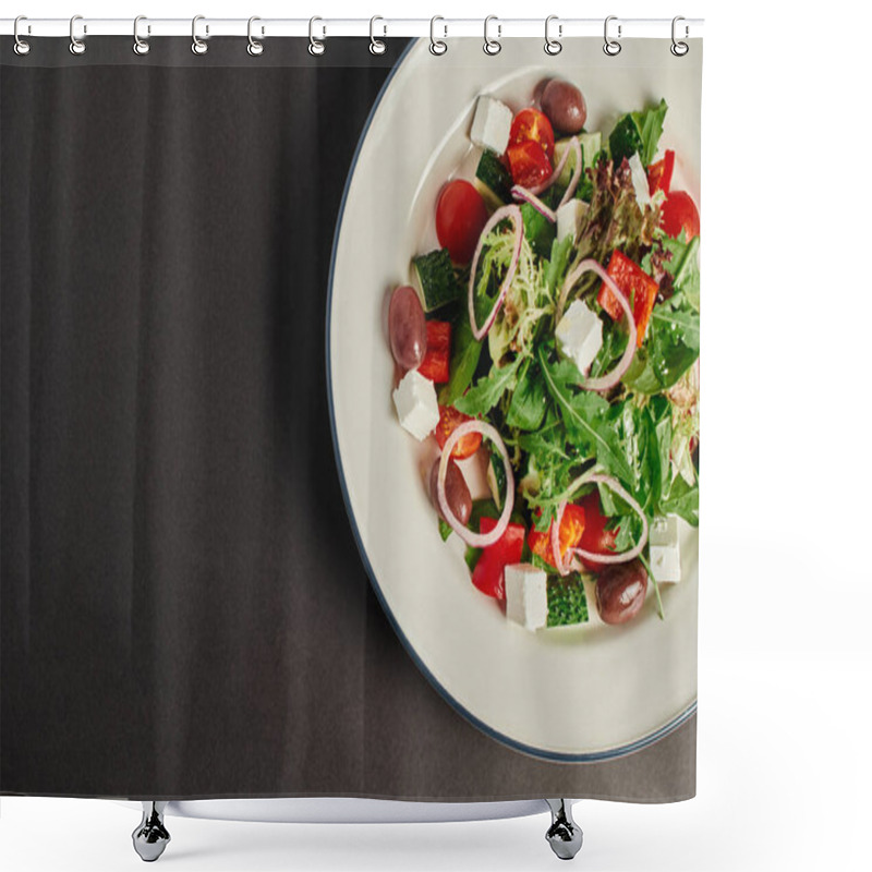 Personality  Top View Photo Of Plate With Fresh And Delicious Greek Salad On Grey Background, Healthy Eating Shower Curtains