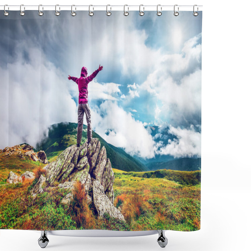 Personality  Woman On Top Of A Mountain Shower Curtains