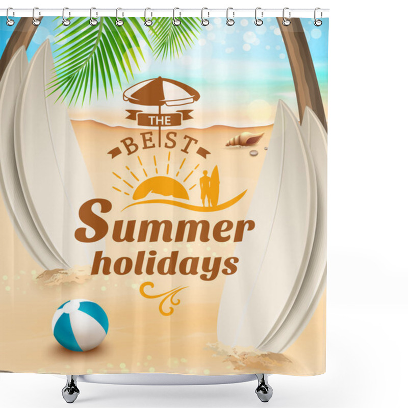 Personality  Summer Holidays Background - Surfboard On Against Beach And Waves. Vector Illustration Shower Curtains