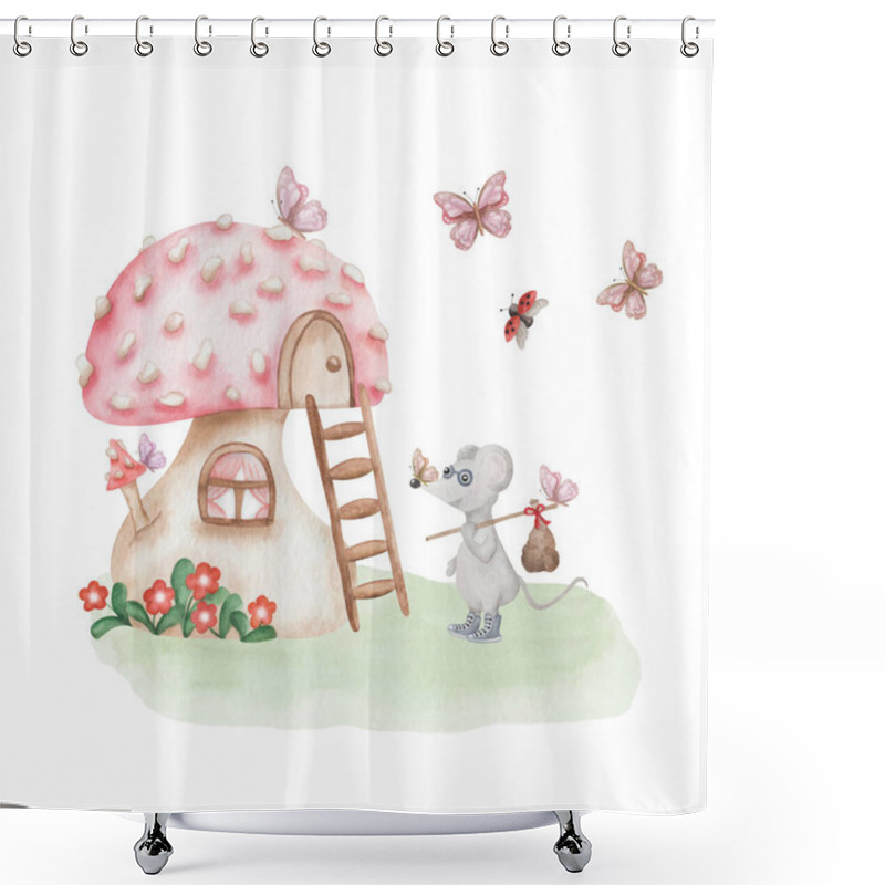 Personality  Watercolor Illustration Of Hand Painted Red Mushroom House, Travelling Grey Mouse With Bag, Butterfly, Lady Bug, Flowers. Toadstool Cottage. Fungus Hut. Isolated Forest Clip Art For Textile, Stickers Shower Curtains