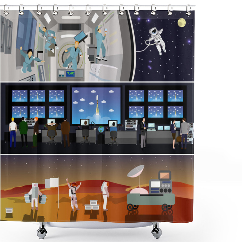 Personality  Space Mission Control Center. Rocket Launch Vector Illustration. Astronauts In Space Station And Outer Space. Shower Curtains